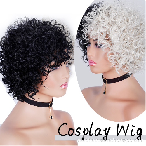 Wholesale Golden and Black Wigs Short Kinky Curly Synthetic Women's Hair Two-Color Half-Black Half-Gold Wig Cosplay Party